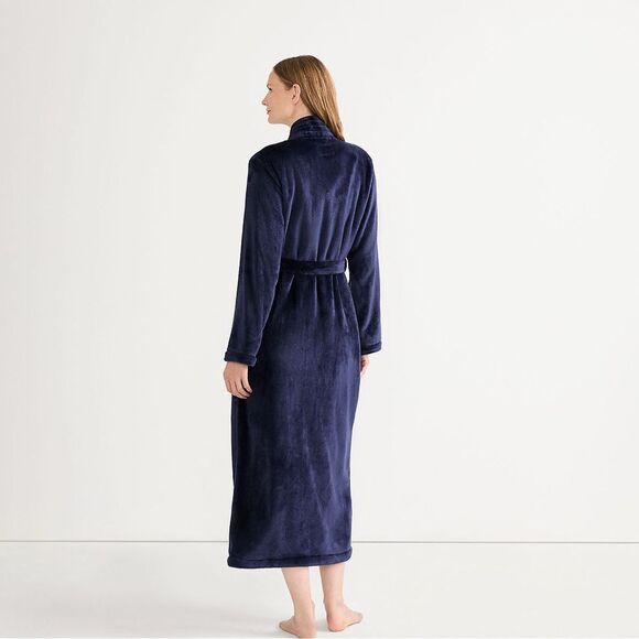 Land's End Cozy Plush Long Wrap Robe Inner Tie Polyester Soft Deep Navy Size Med - Picture 5 of 6